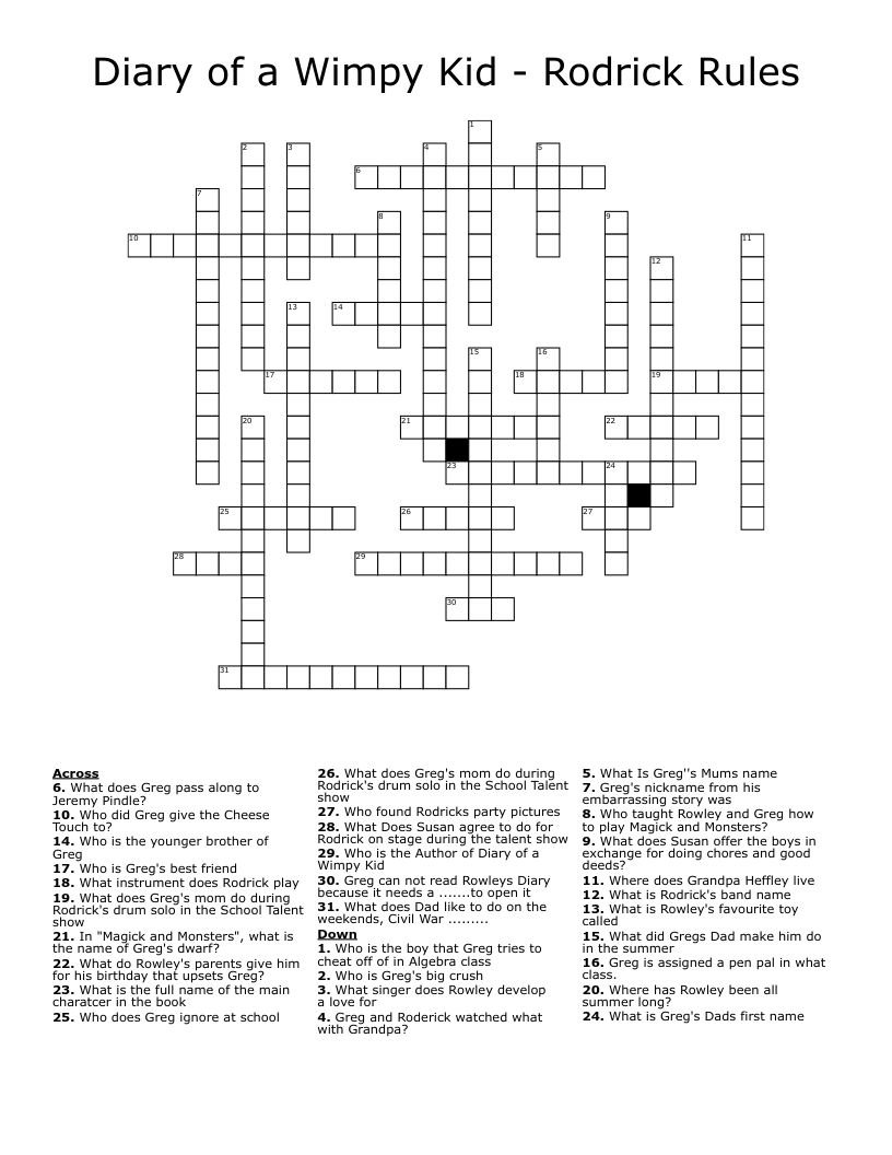 Diary of a Wimpy Kid - Rodrick Rules Crossword