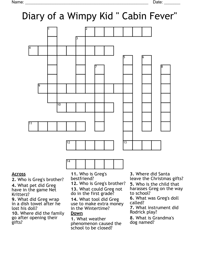 Diary of a Wimpy Kid  " Cabin Fever" Crossword