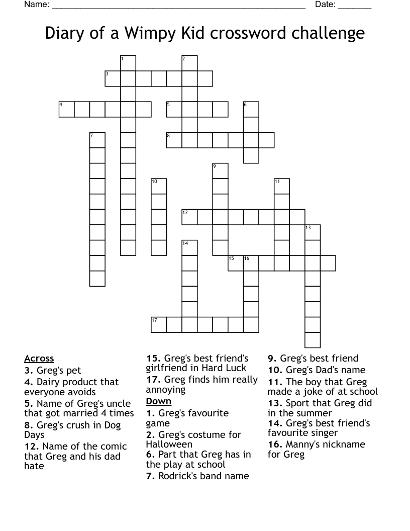 Diary of a Wimpy Kid crossword challenge 
