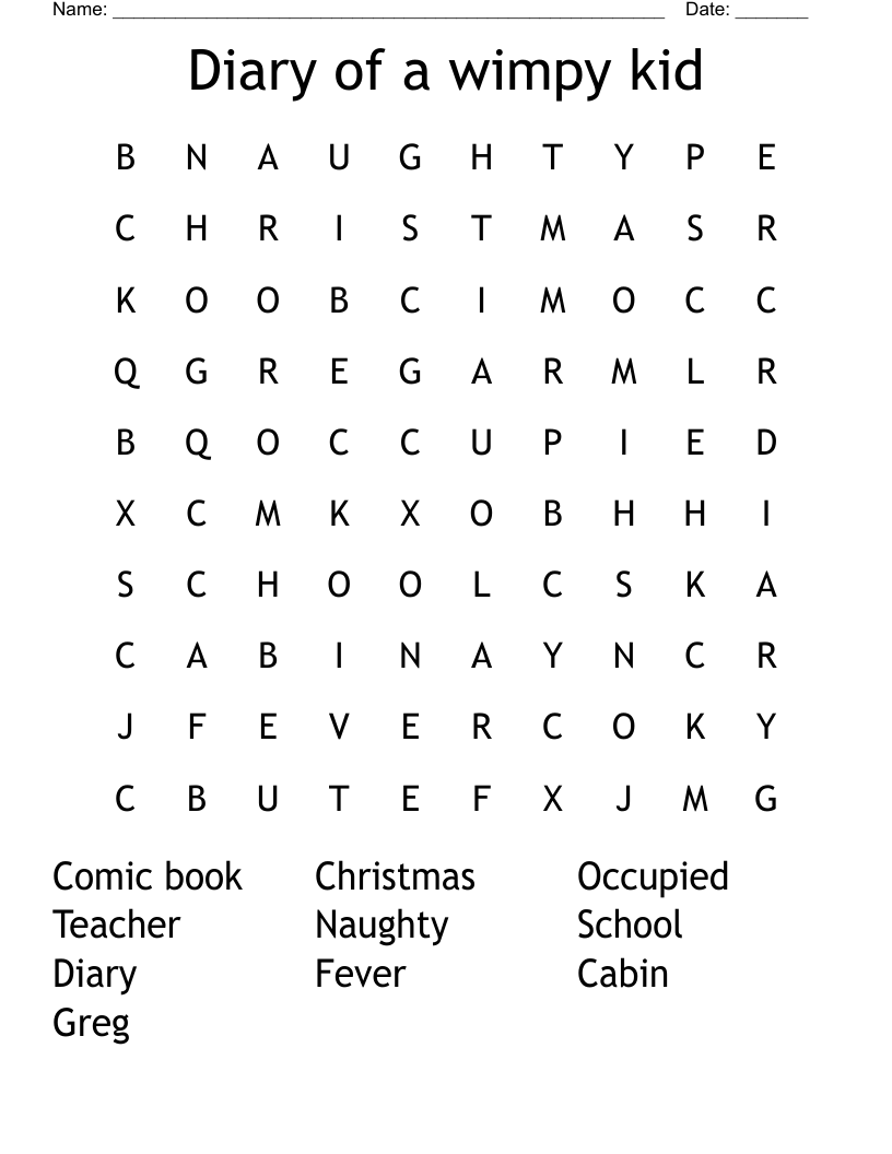 Diary of a wimpy kid Word Search
