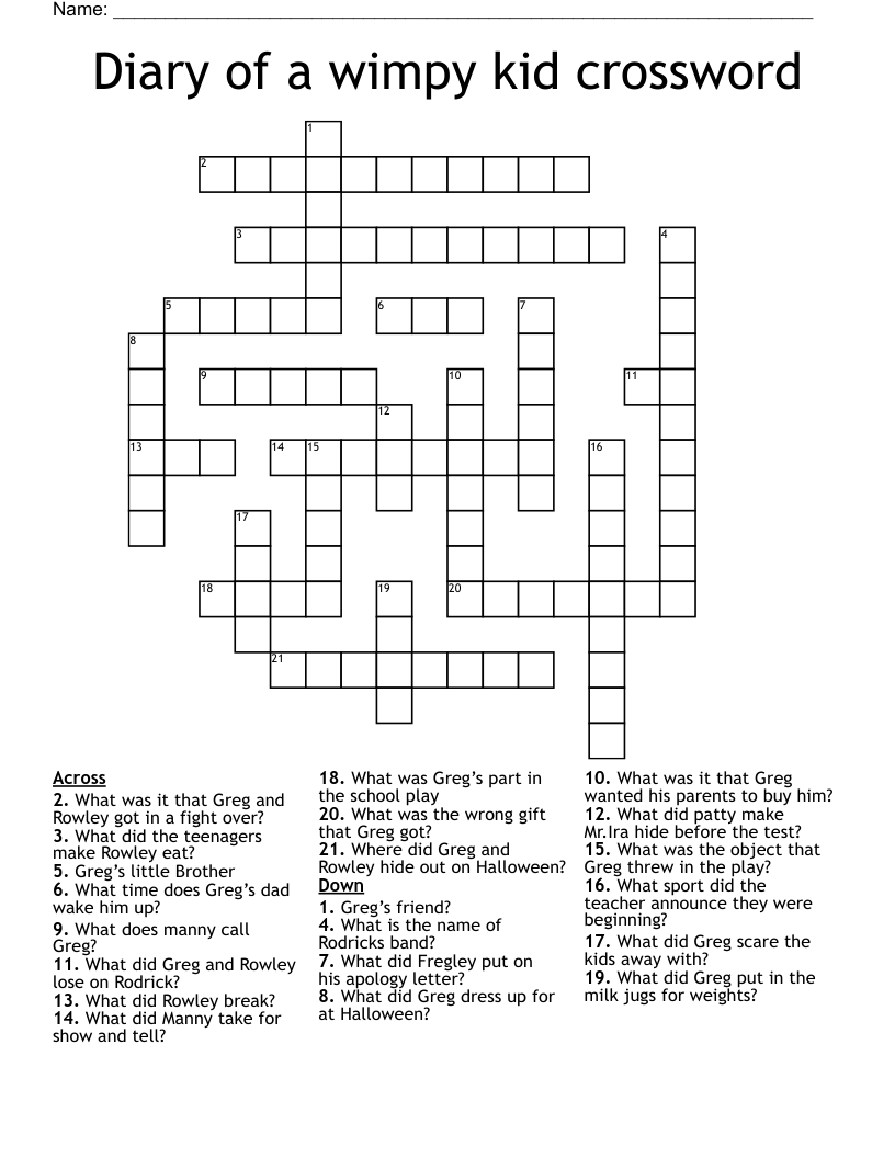 Diary of a wimpy kid crossword