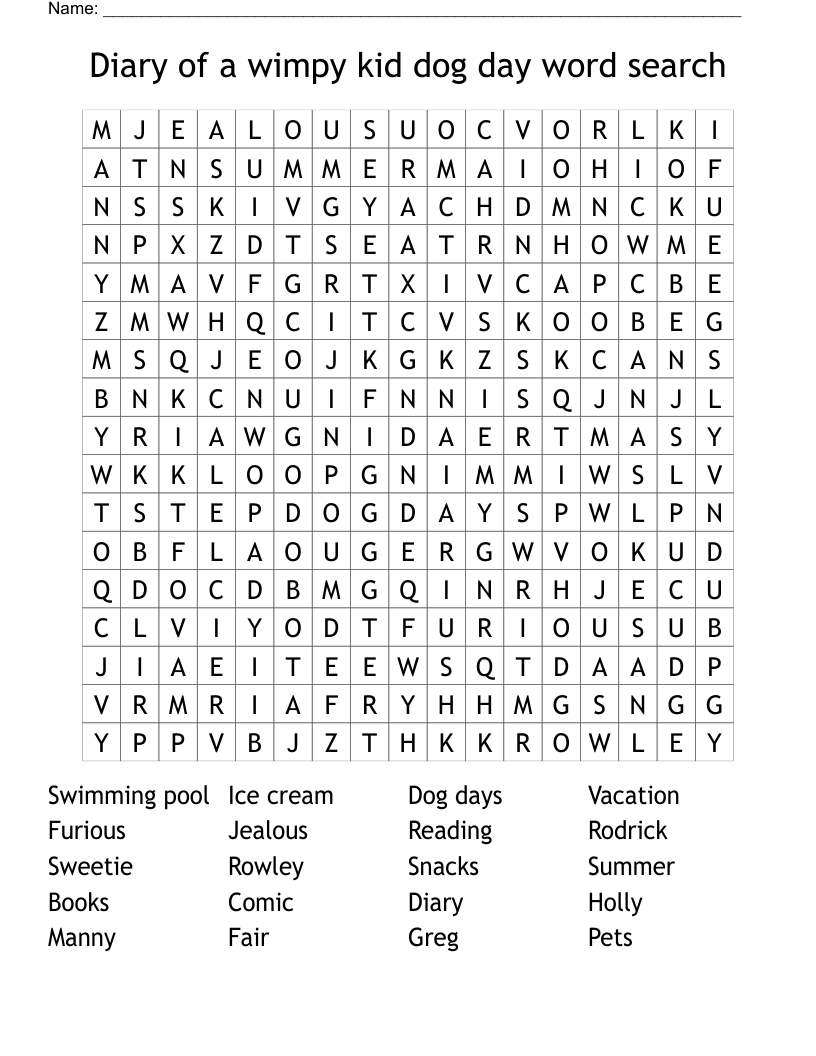 Diary of a wimpy kid dog day word search 