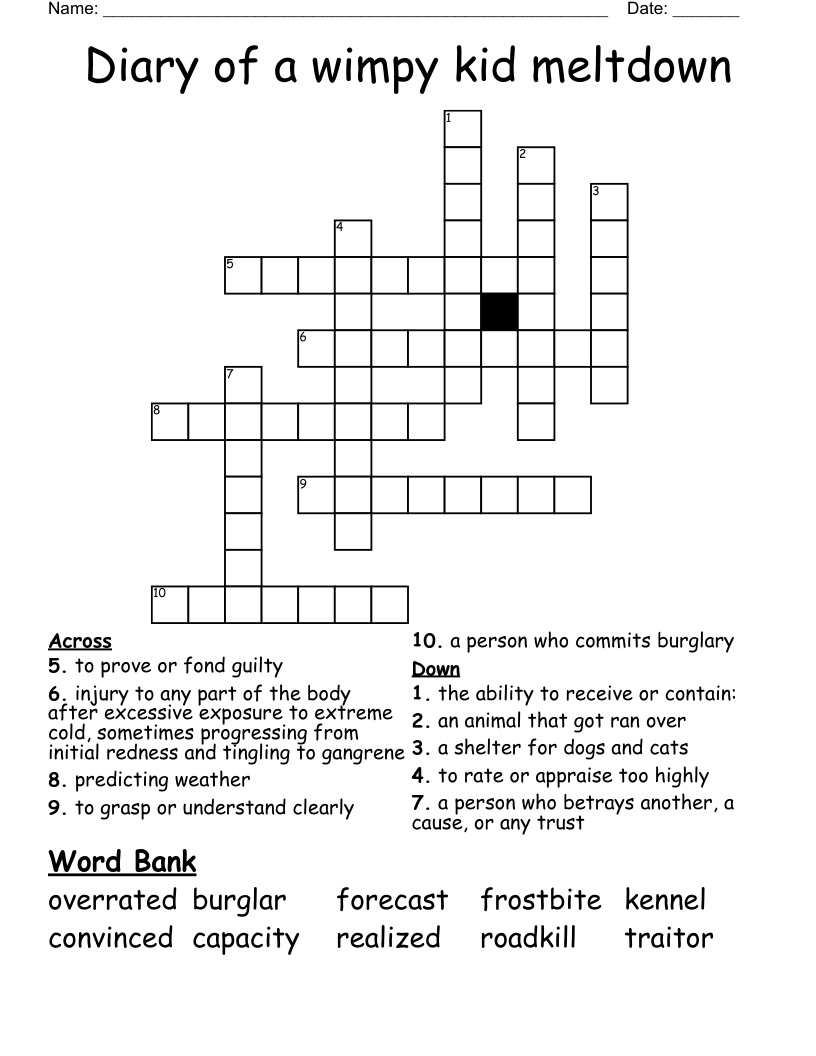 Diary of a wimpy kid meltdown Crossword