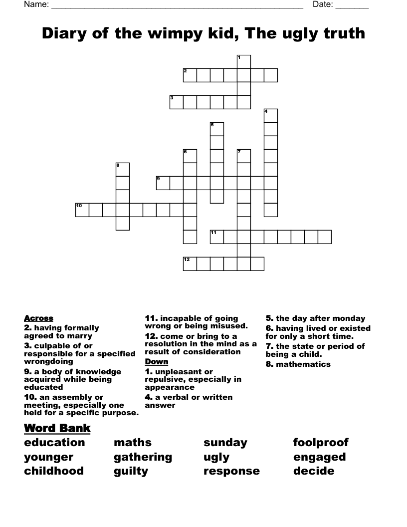 Diary of the wimpy kid, The ugly truth Crossword