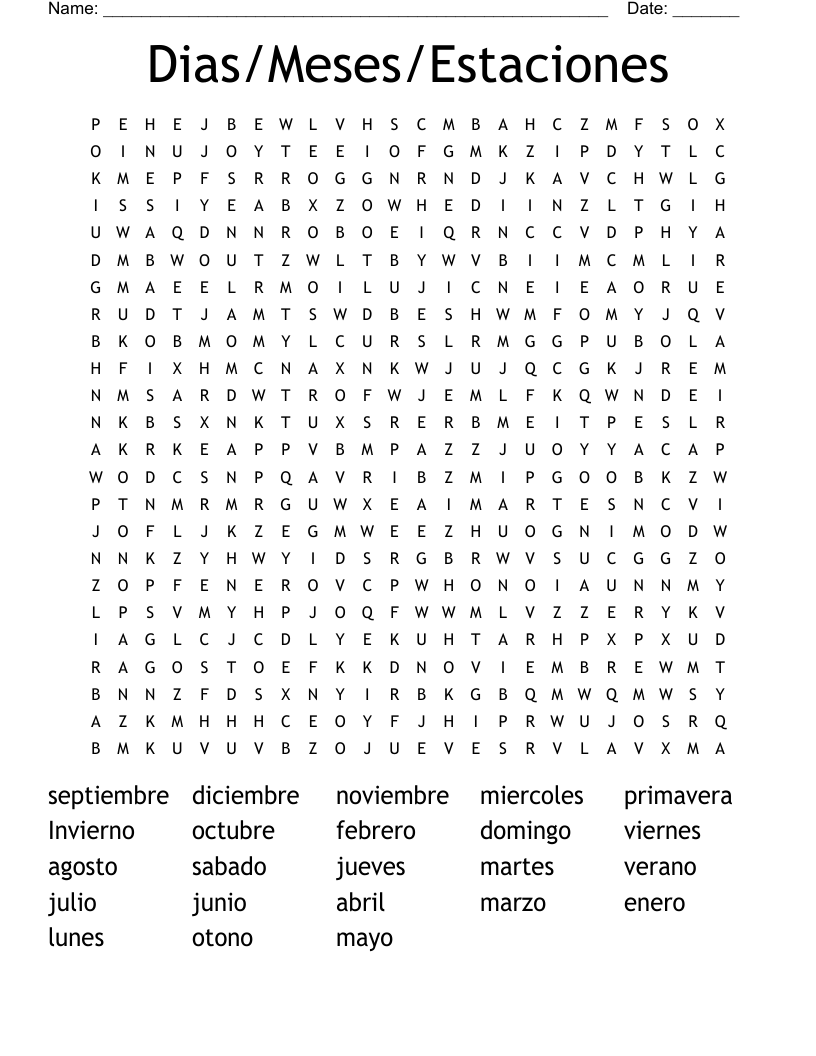 Dias/Meses/Estaciones Word Search