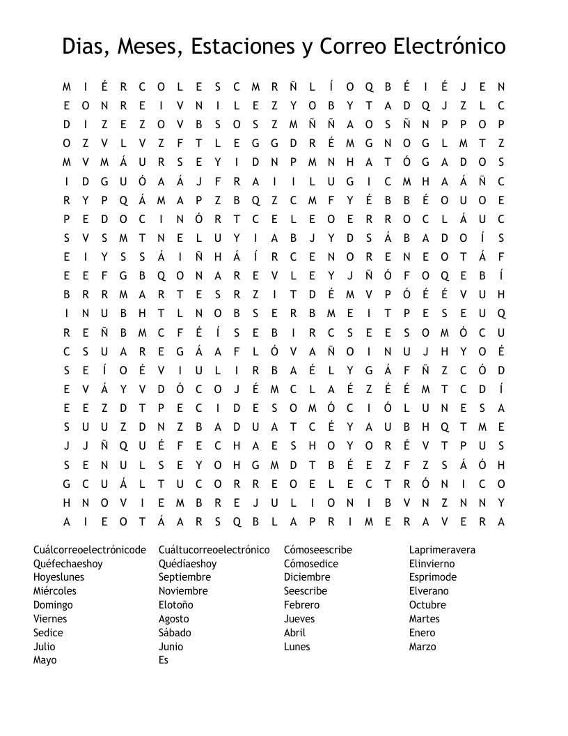 Dias, Meses, Estaciones y Correo Electrónico  Word Search