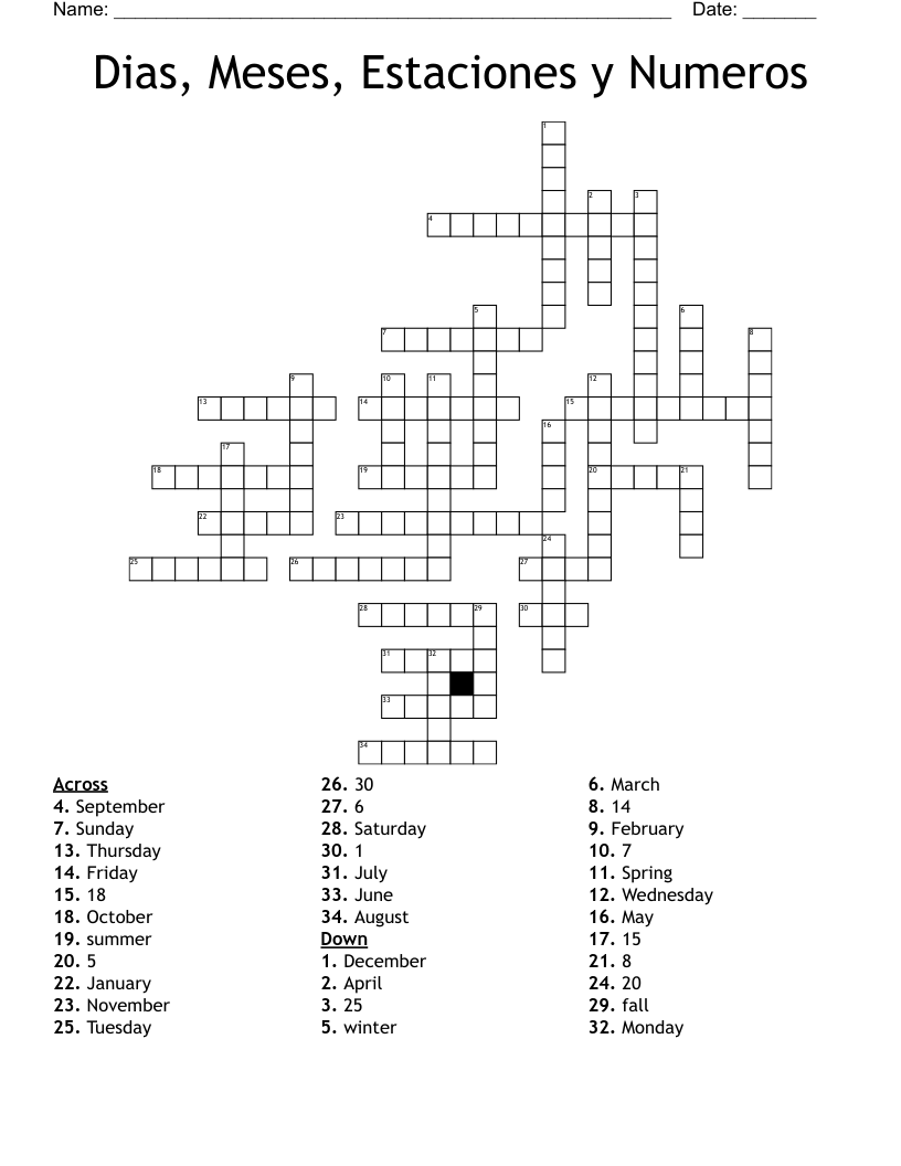 Dias, Meses, Estaciones y Numeros Crossword