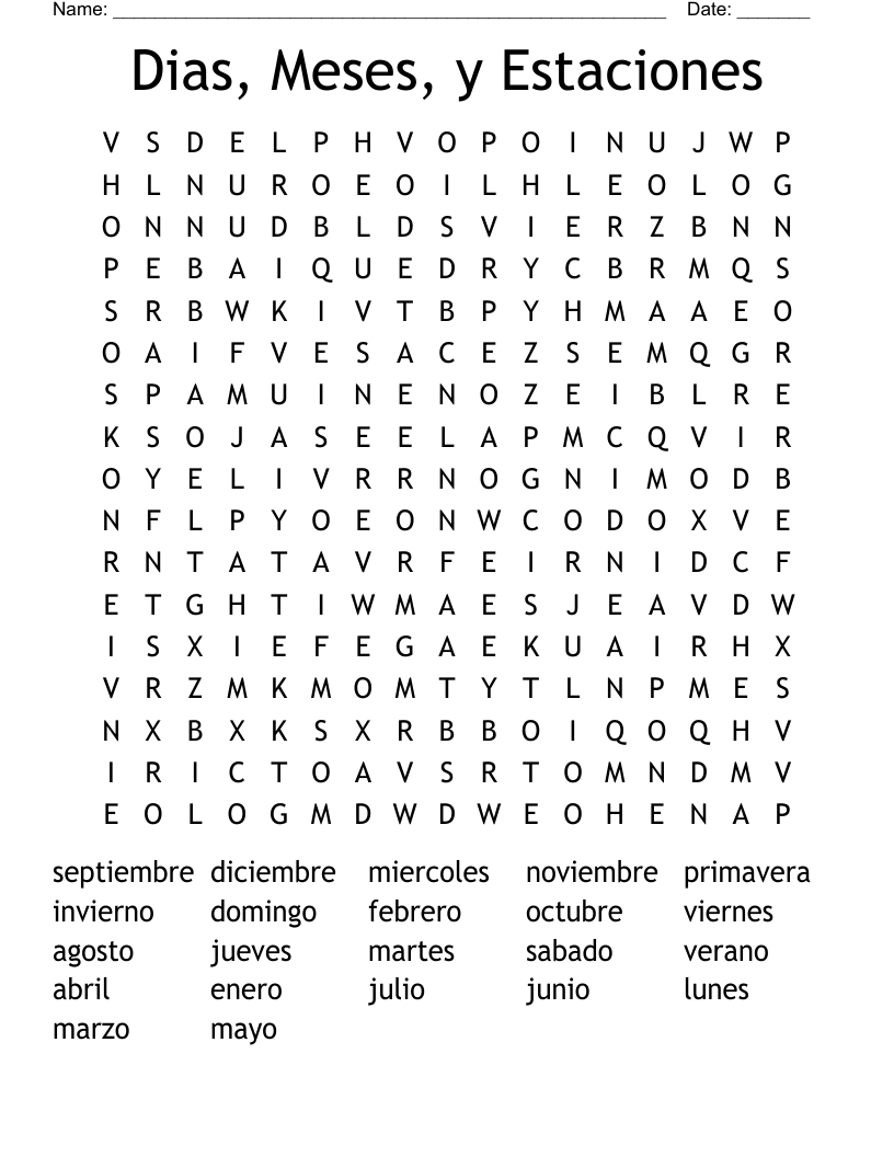 Dias, Meses, y Estaciones Word Search