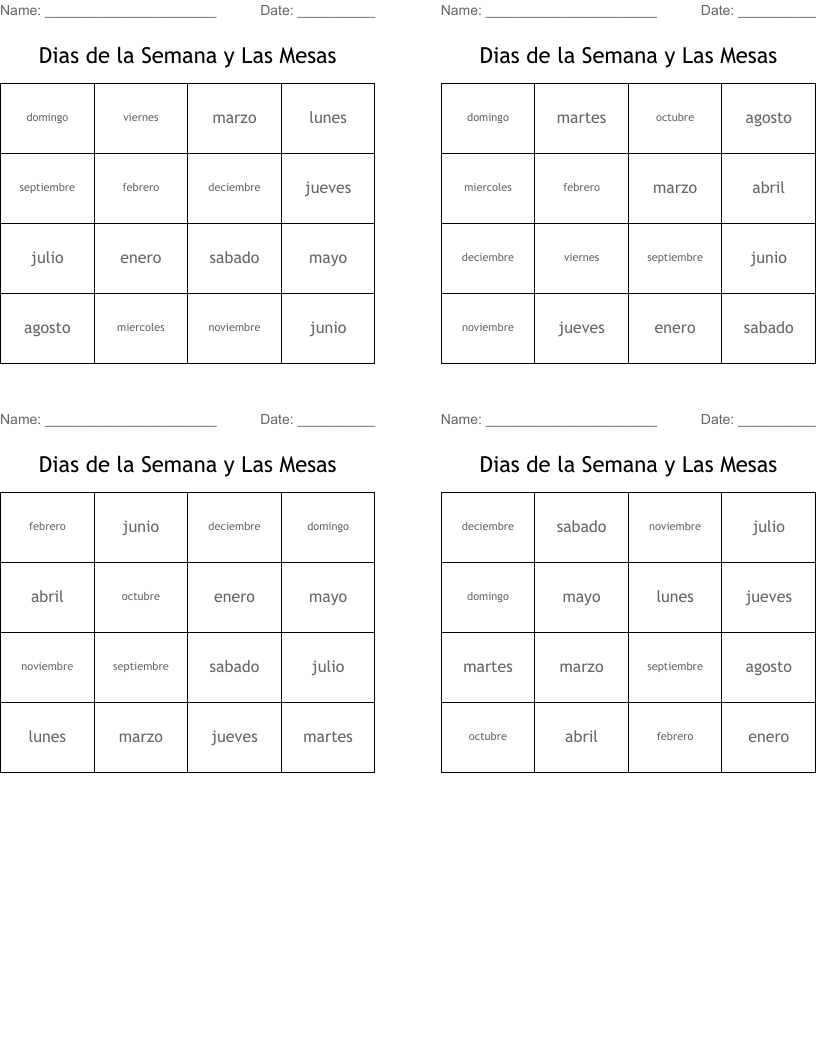 Dias de la Semana y Las Mesas Bingo Cards
