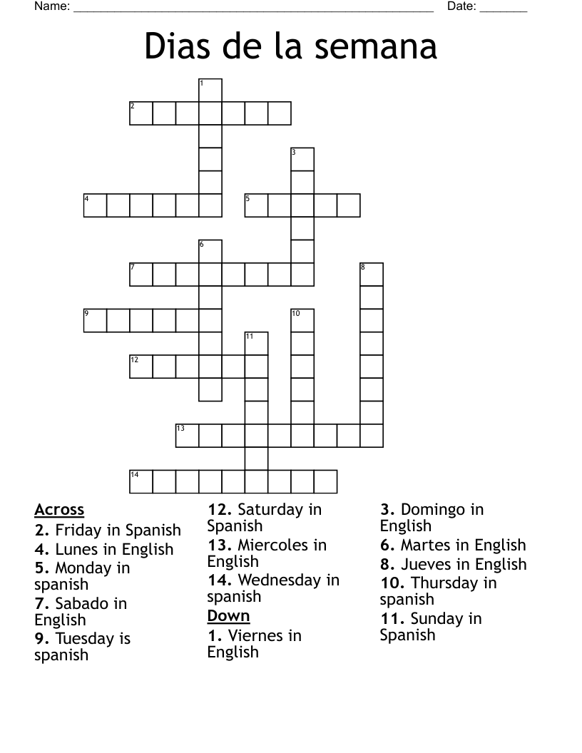 Dias de la semana Crossword