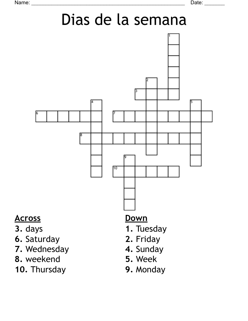 Dias de la semana Crossword