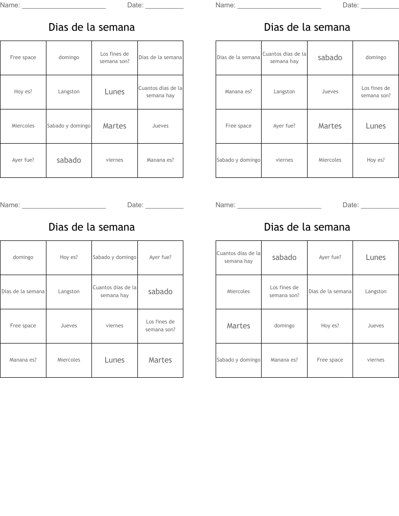 Dias de la semana  Bingo Cards