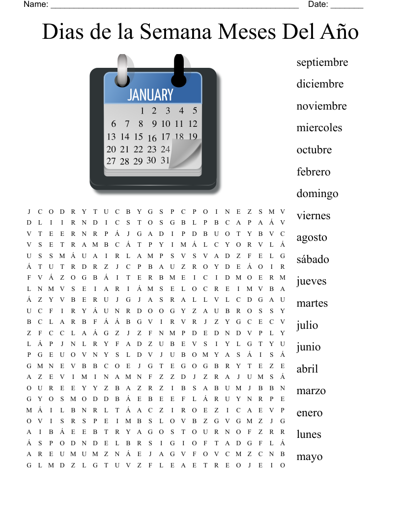 Dias de la Semana Meses Del Año Word Search