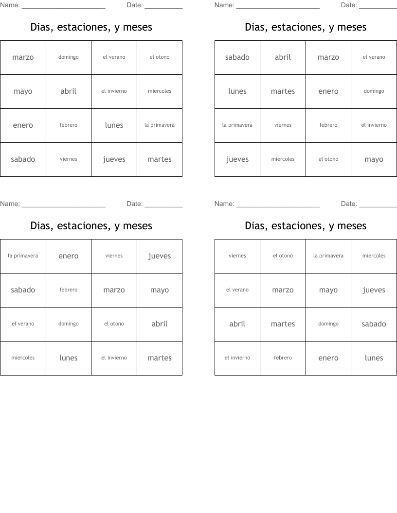 Dias, estaciones, y meses Bingo Cards