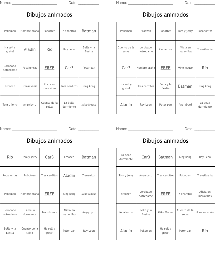Dibujos animados Bingo Cards