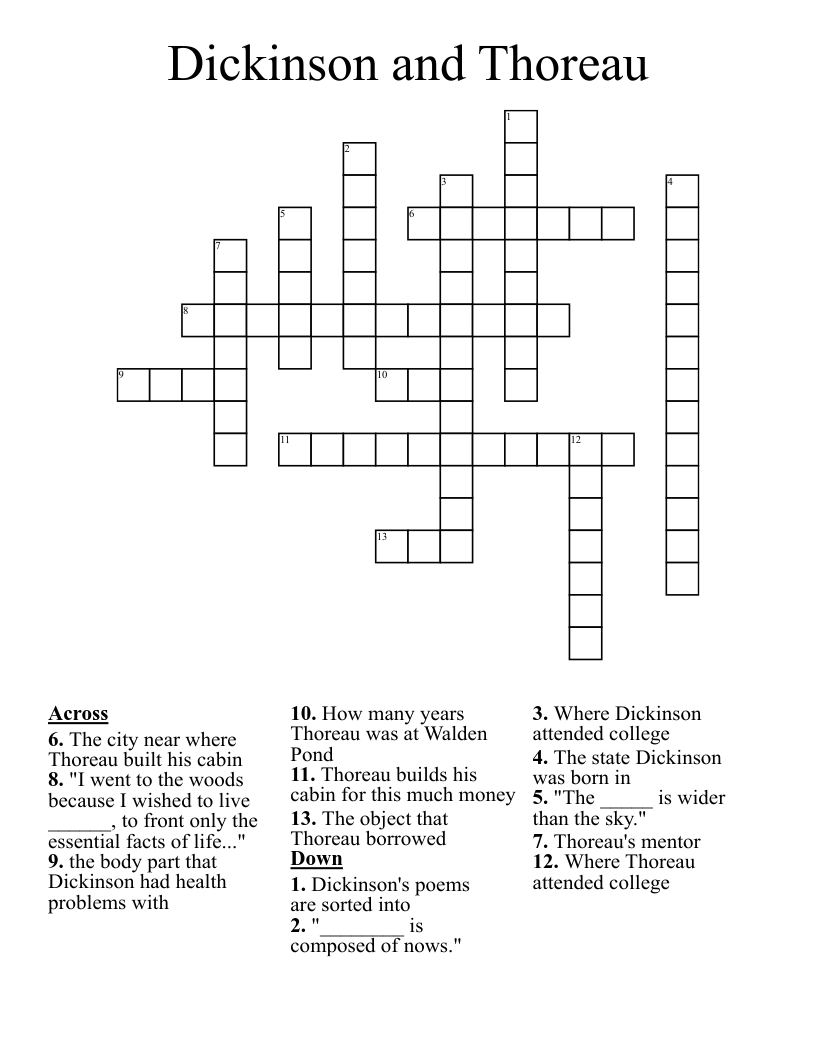 Dickinson and Thoreau Crossword