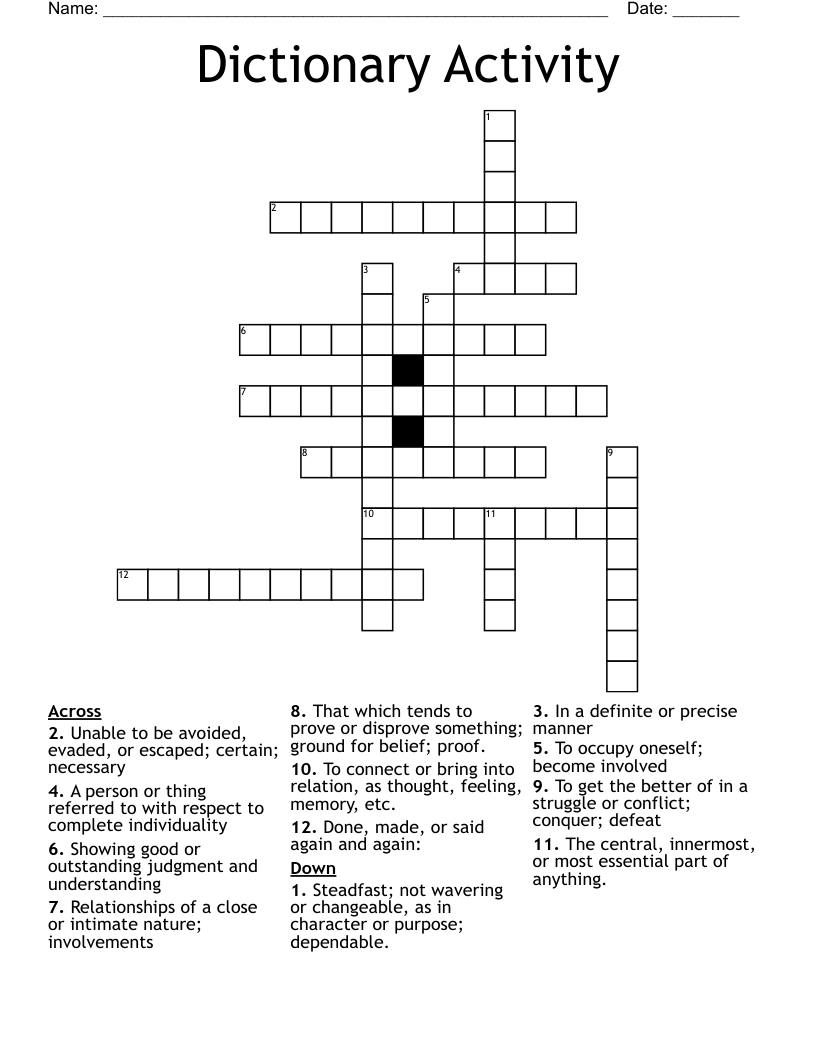 Dictionary Activity Crossword