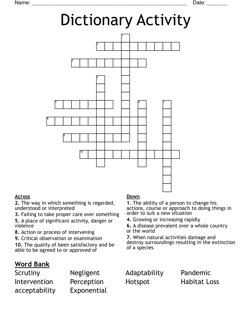 Dictionary Activity  Crossword