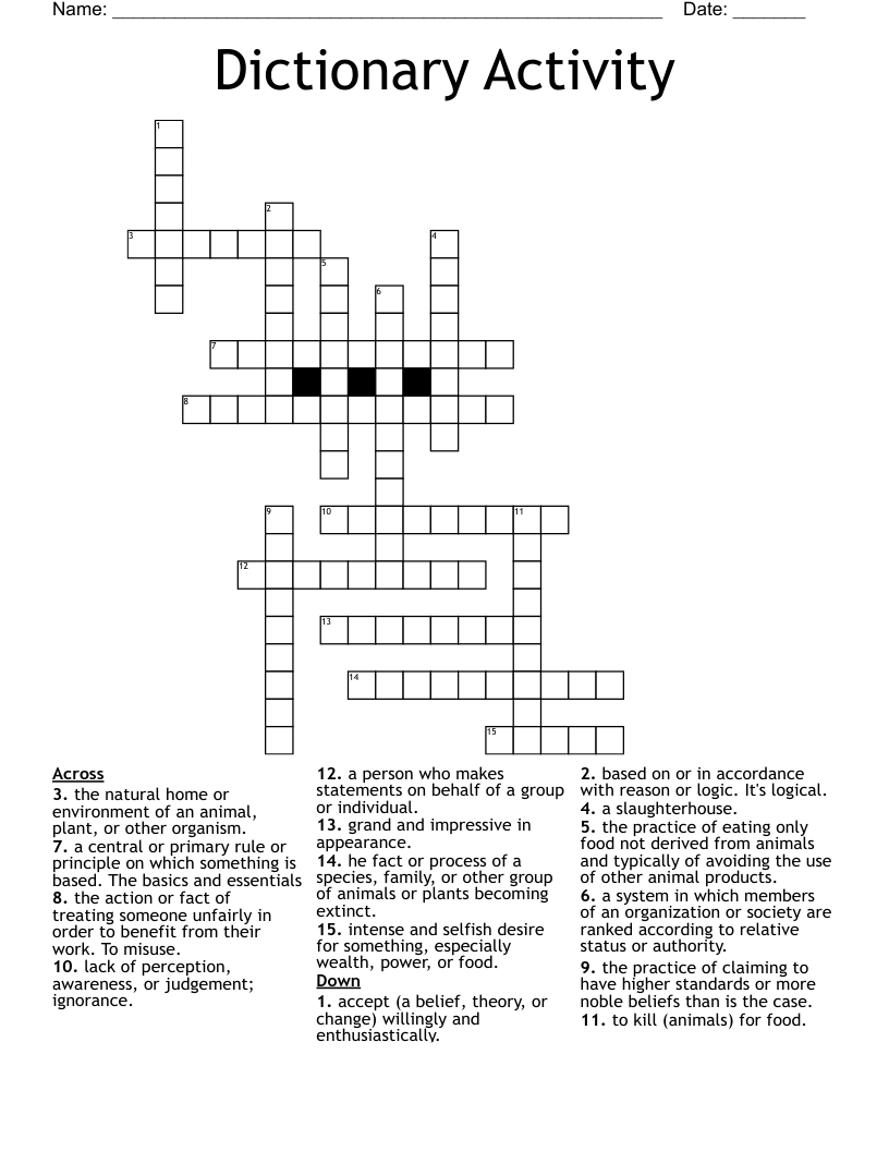 Dictionary Activity  Crossword