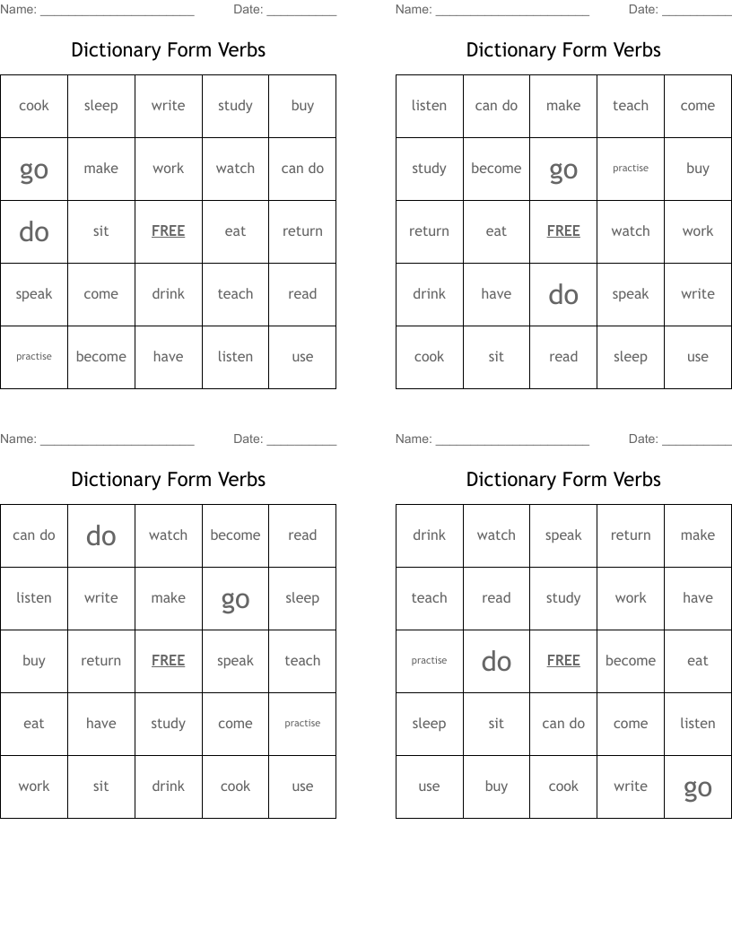Dictionary Form Verbs Bingo Cards