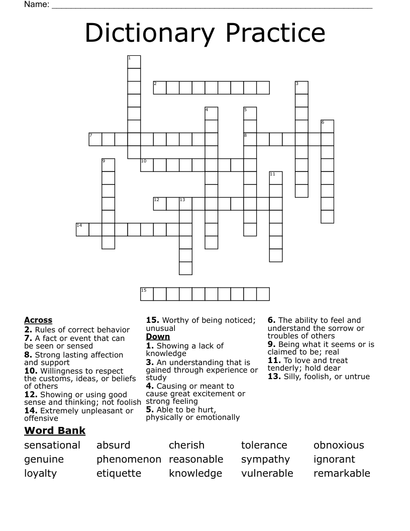 Dictionary Practice Crossword