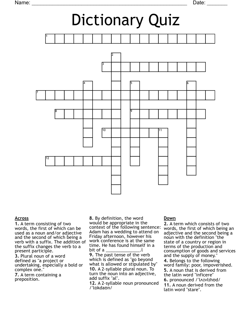 Dictionary Quiz Crossword