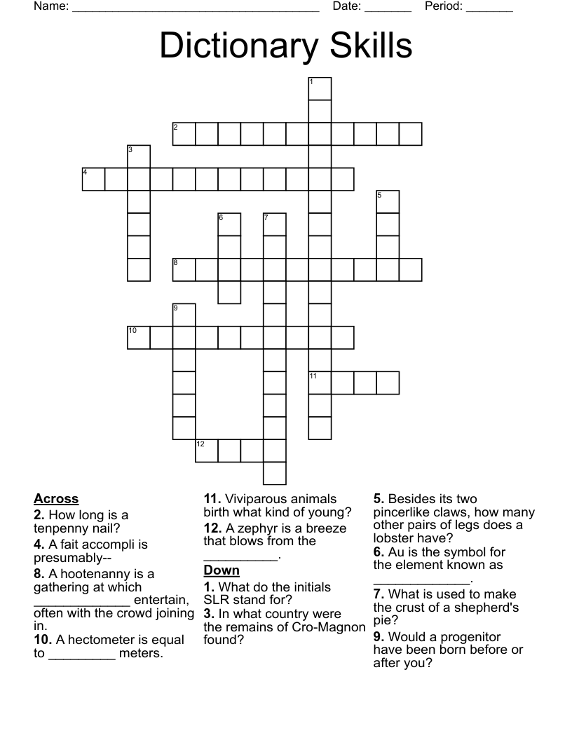 Dictionary Skills Crossword