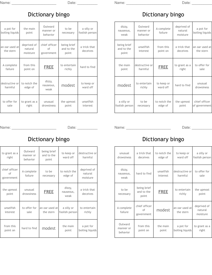 Dictionary bingo 