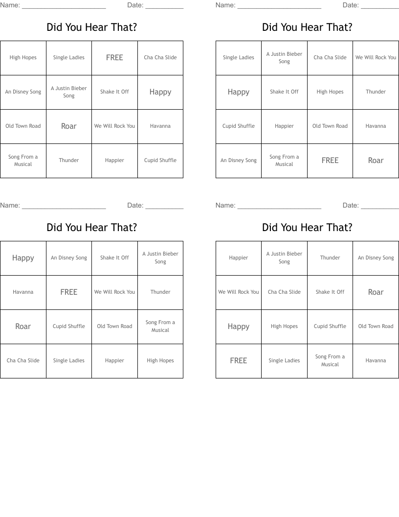Did You Hear That? Bingo Cards