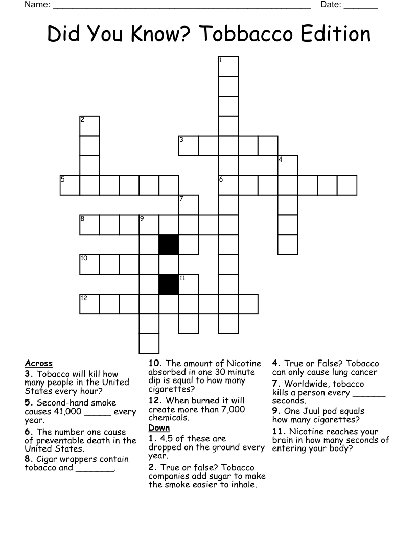 Did You Know? Tobbacco Edition  Crossword