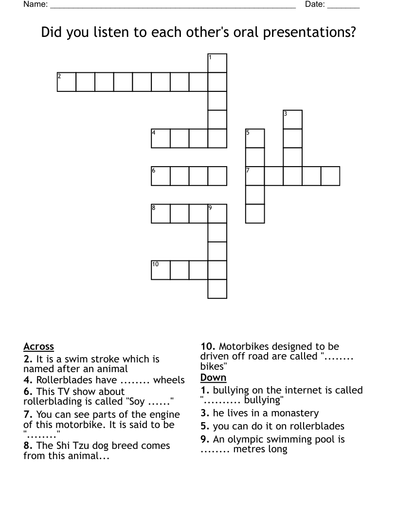 Did you listen to each other's oral presentations? Crossword