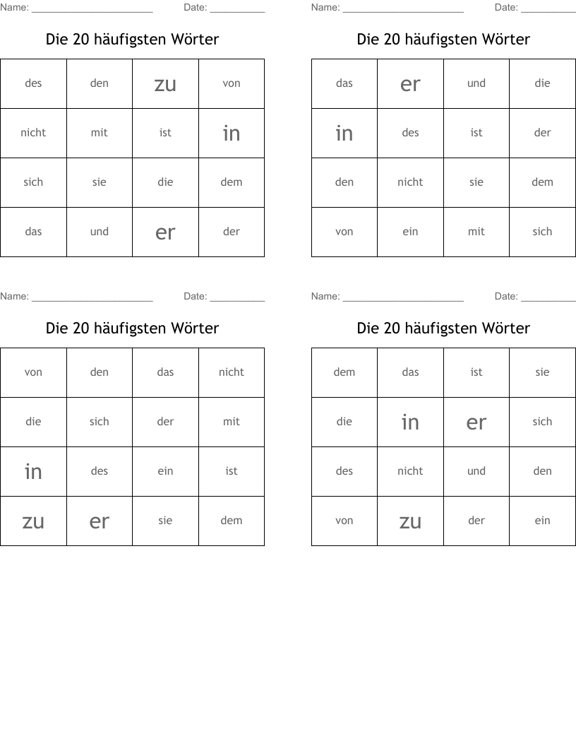 Die 20 häufigsten Wörter Bingo Cards