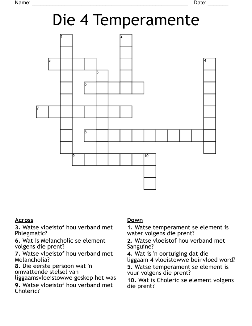 Die 4 Temperamente Crossword
