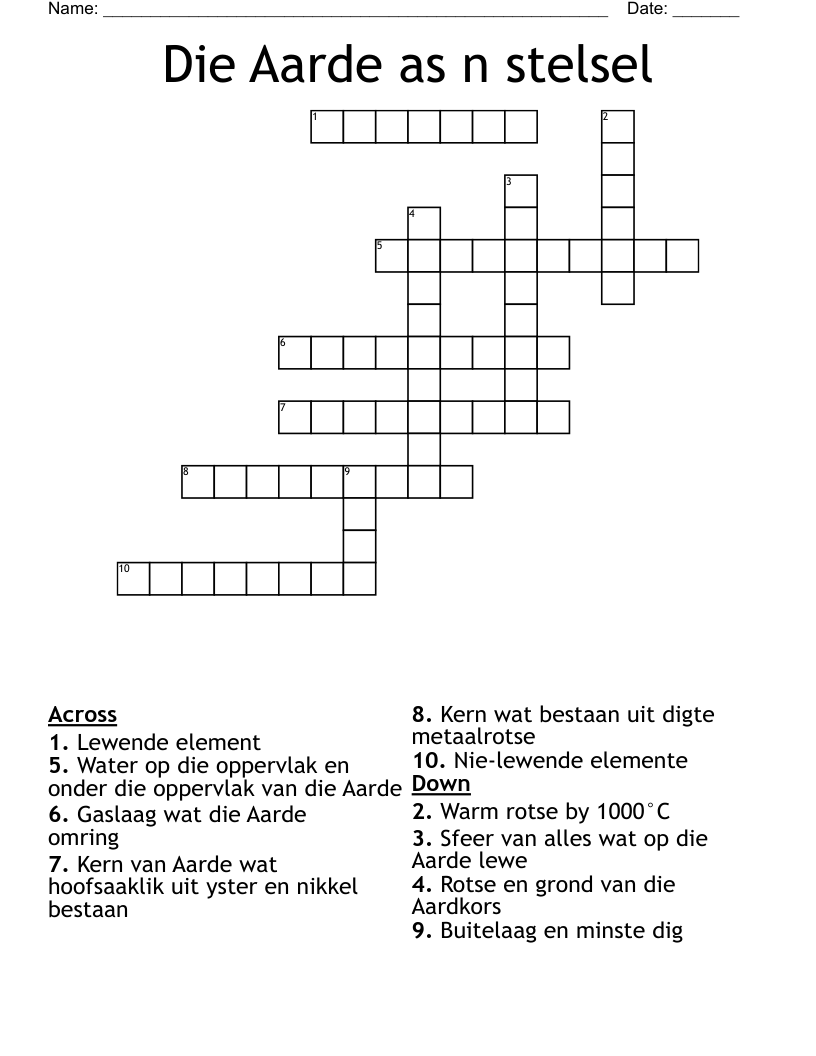 Die Aarde as n stelsel Crossword