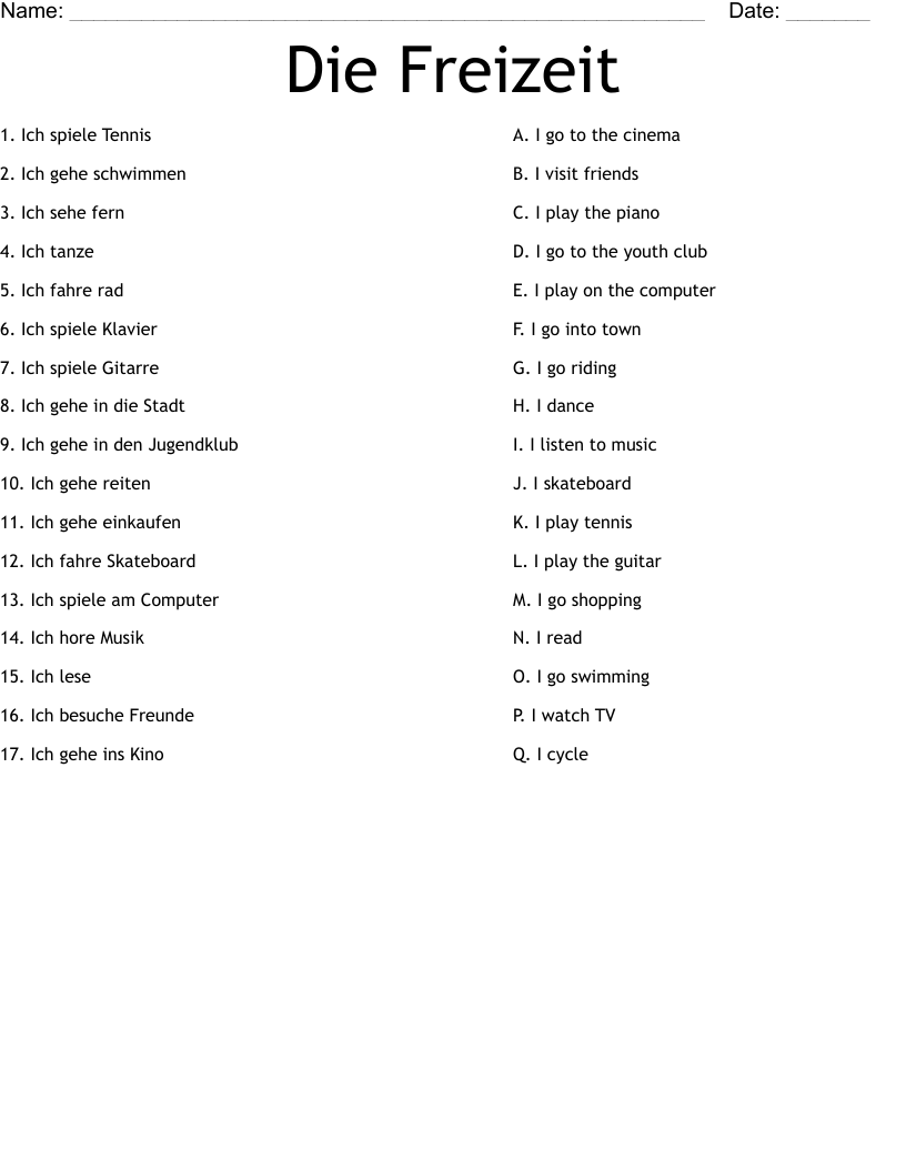 Die Freizeit Worksheet