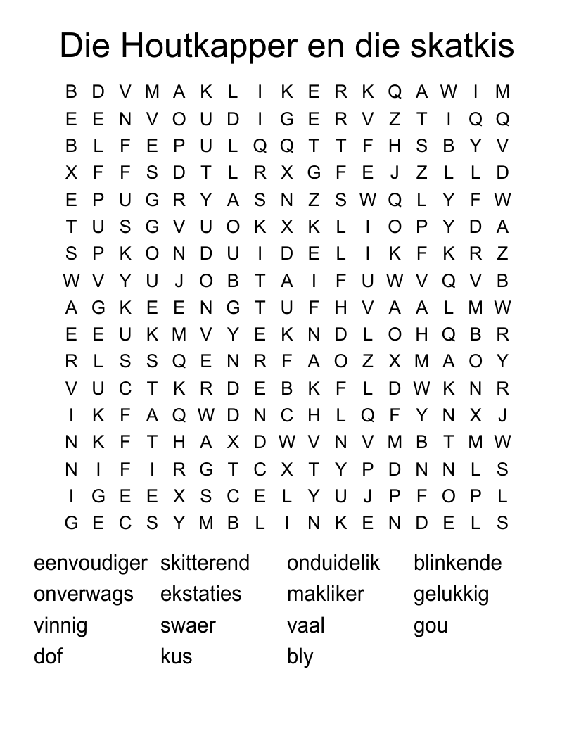 Die Houtkapper en die skatkis Word Search