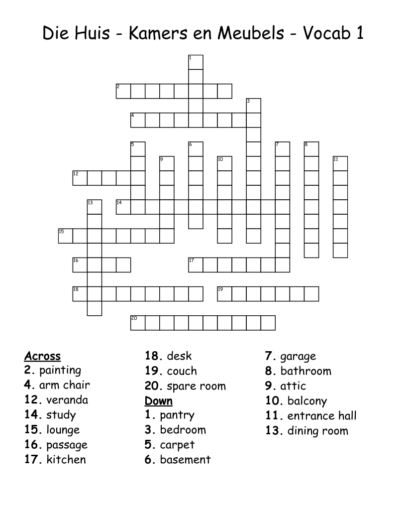 Die Huis - Kamers en Meubels - Vocab 1 Crossword