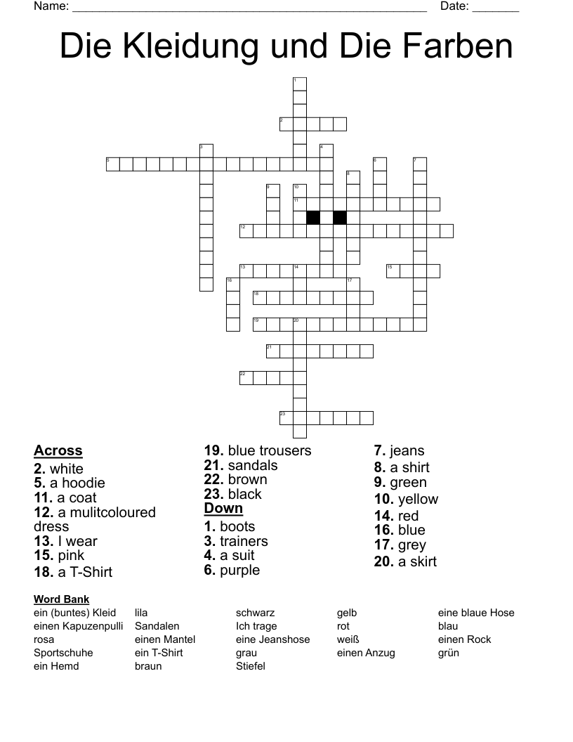 Die Kleidung und Die Farben Crossword
