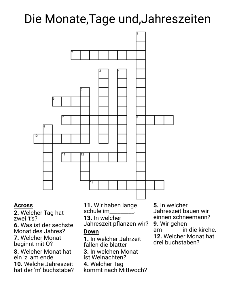 Die Monate,Tage und,Jahreszeiten Crossword