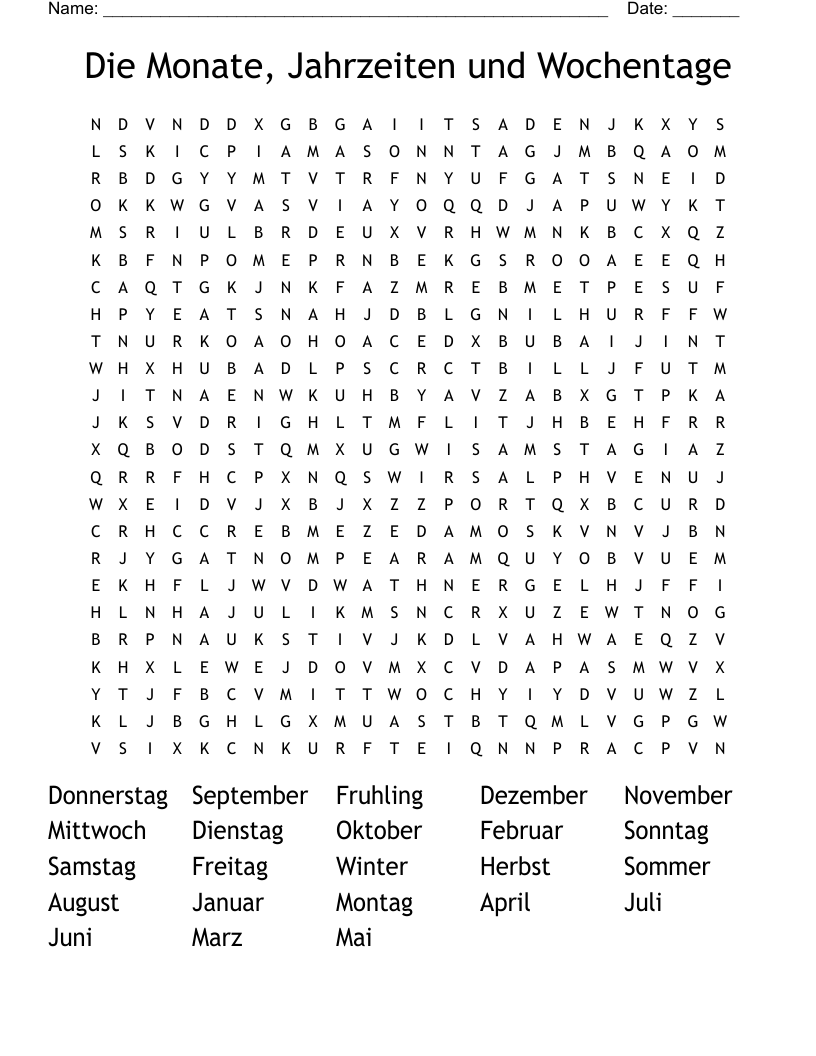 Die Monate, Jahrzeiten und Wochentage Word Search