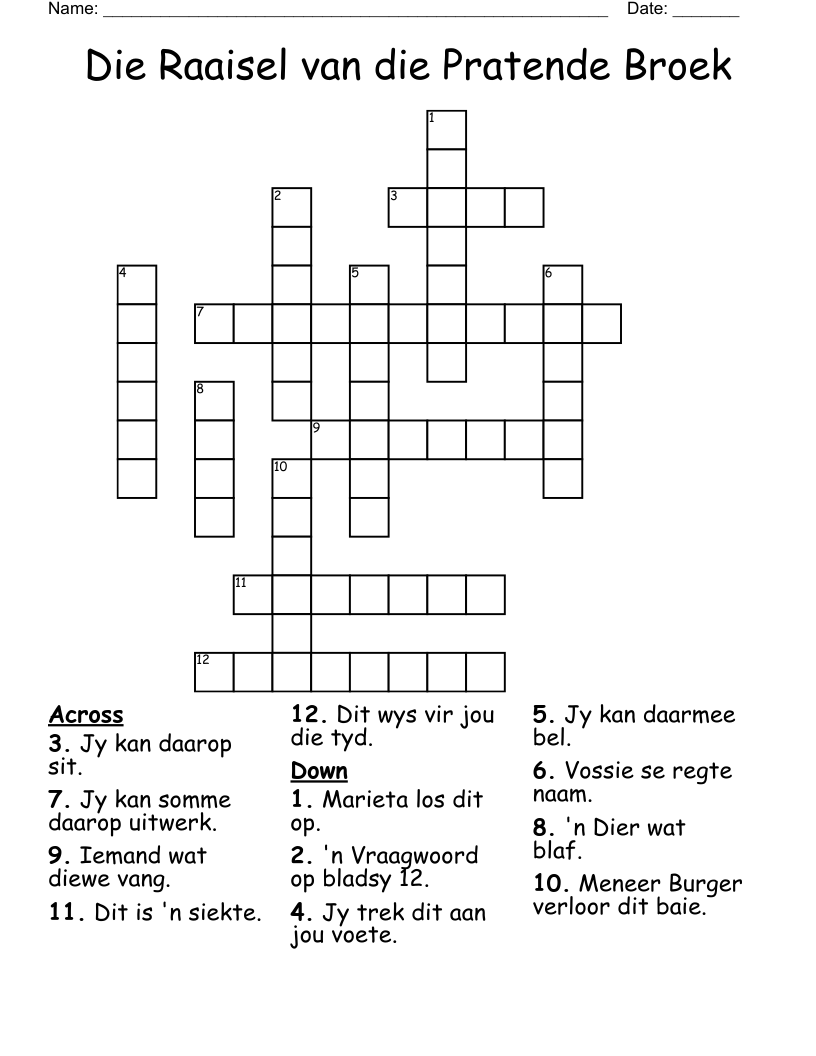 Die Raaisel van die Pratende Broek Crossword