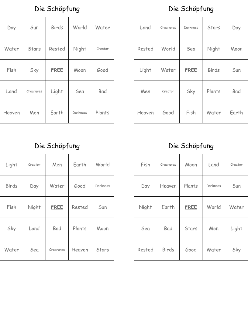 Die Schöpfung  Bingo Cards