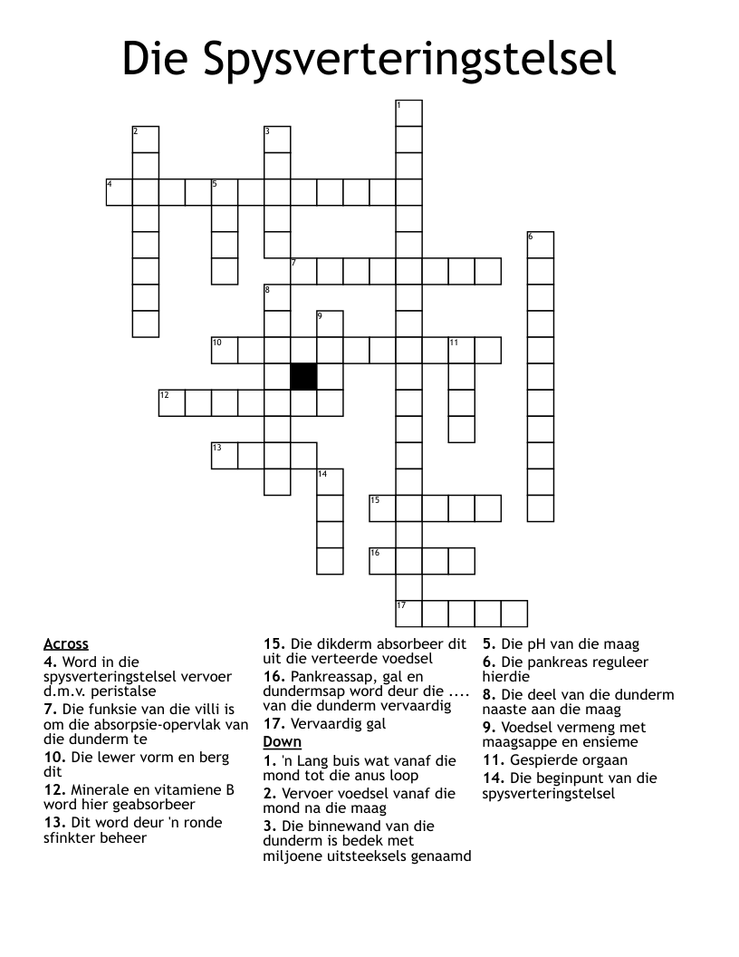 Die Spysverteringstelsel Crossword