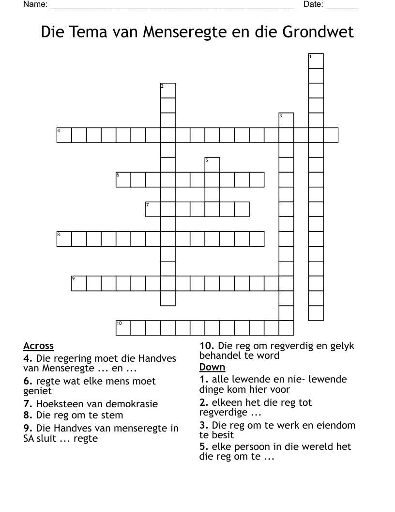 Die Tema van Menseregte en die Grondwet Crossword