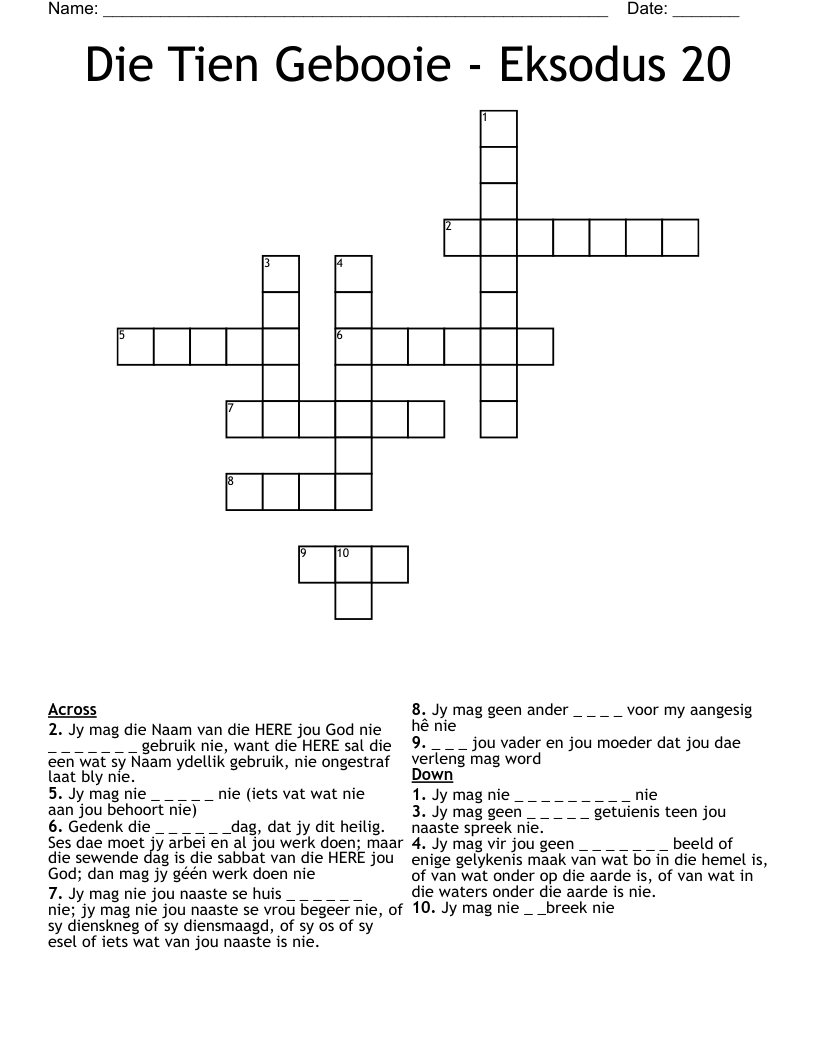 Die Tien Gebooie - Eksodus 20 Crossword