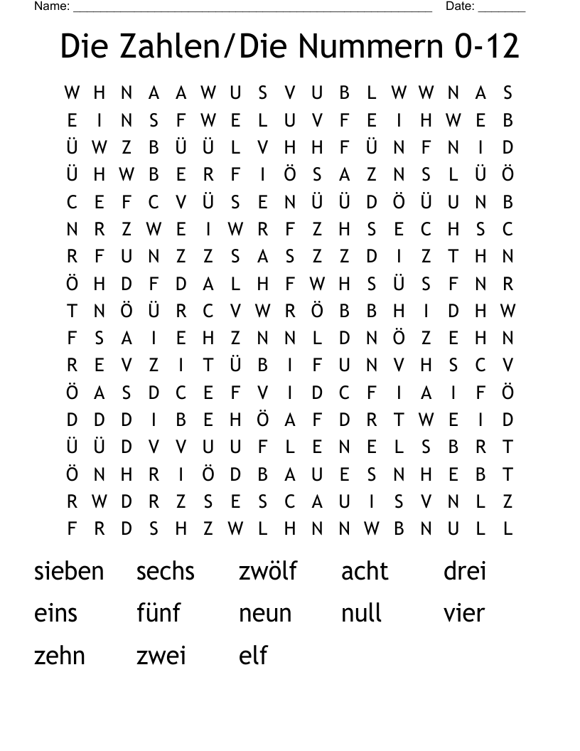 Die Zahlen/Die Nummern 0-12 Word Search