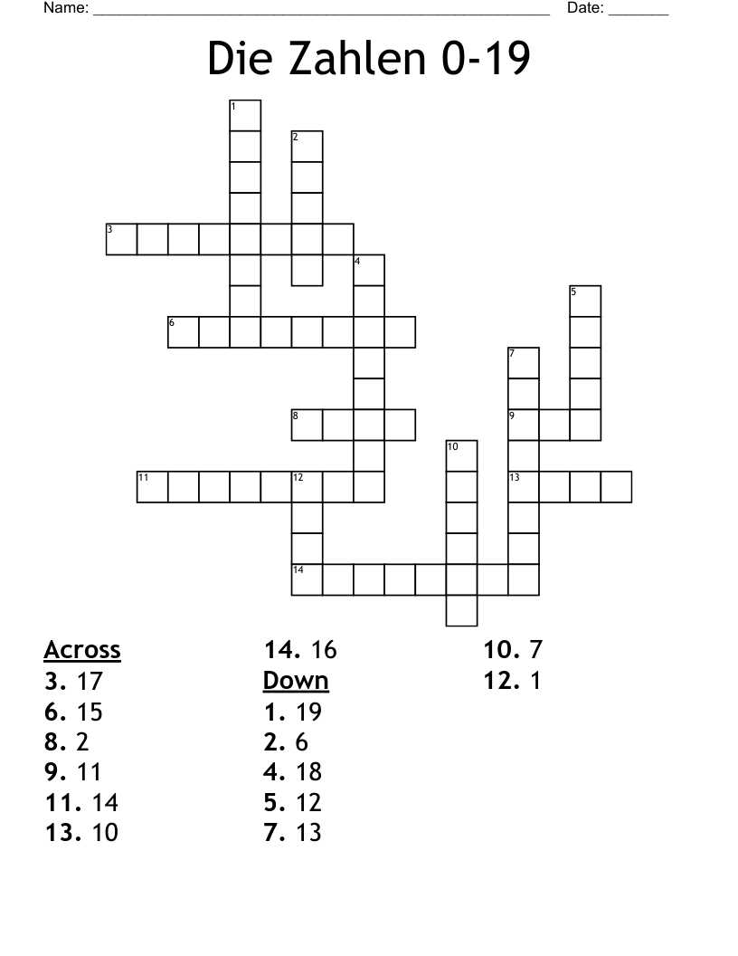 Die Zahlen 0-19 Crossword