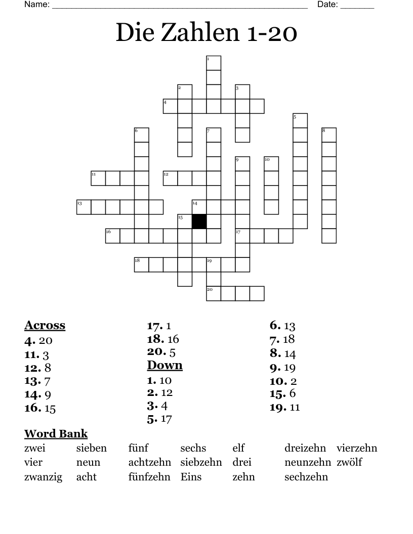 Die Zahlen 1-20 Crossword