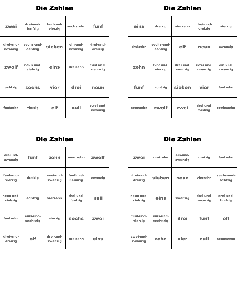 Die Zahlen Bingo Cards