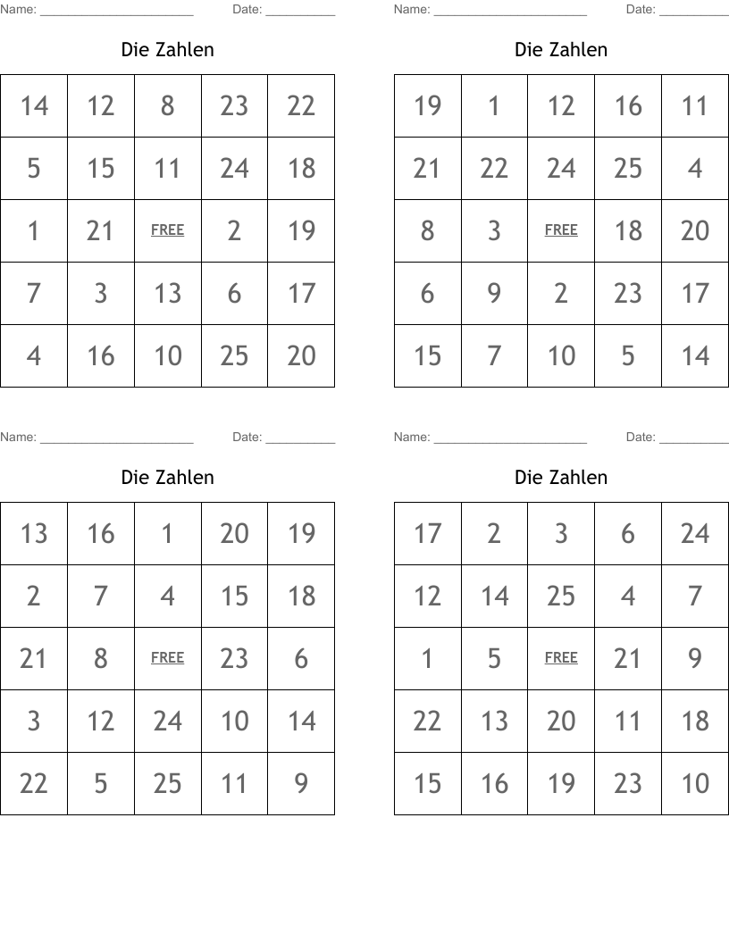 Die Zahlen  Bingo Cards